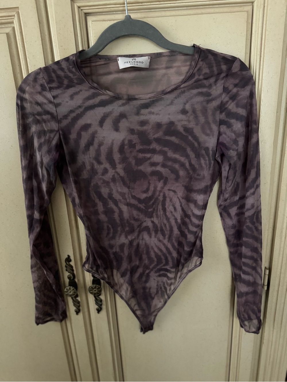 Feel Good  Purple Zebra-Print Sheer Long-Sleeve Bodysuit in size M
